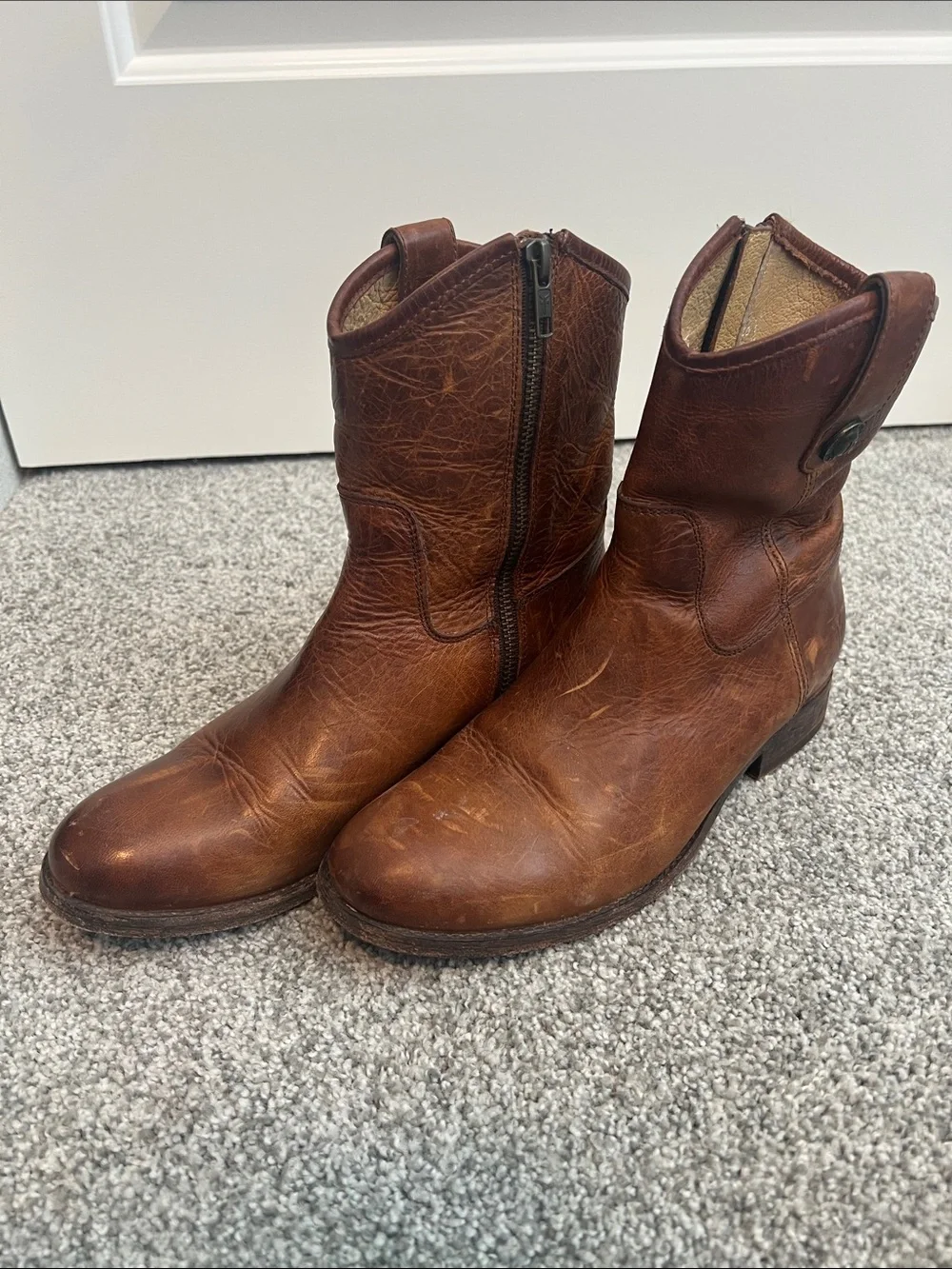 Frye Brown Leather Mid-Calf Zip Boots - Picture 1 of 6